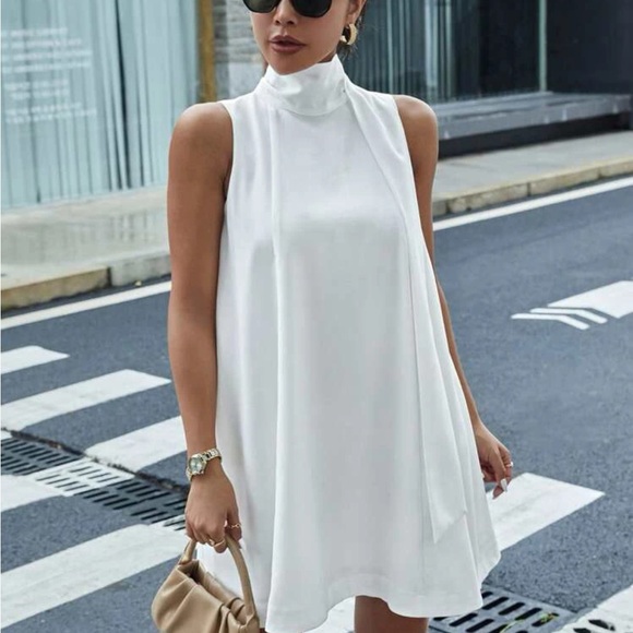 Boho White High Neck Tie Tank Top Dress - Picture 4 of 6